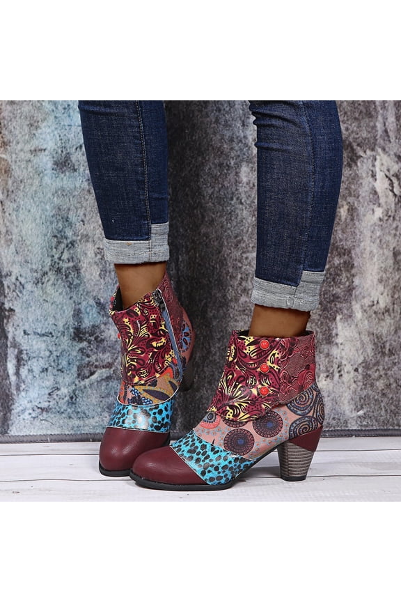 Fall Clearance Women's Shoes Retro National-Style Splicing Mid Heel Zipper Short Leather Boots