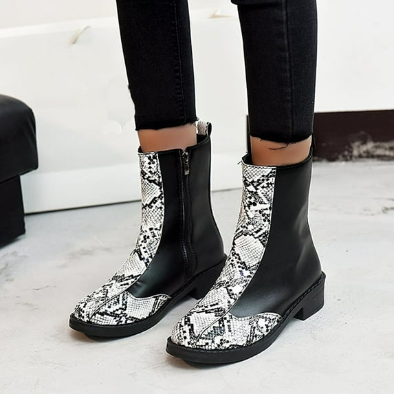 Tejiojio Fall Women's Short Tube Plus Size Fashionable Snake Print Side Zipper Ankle Boots