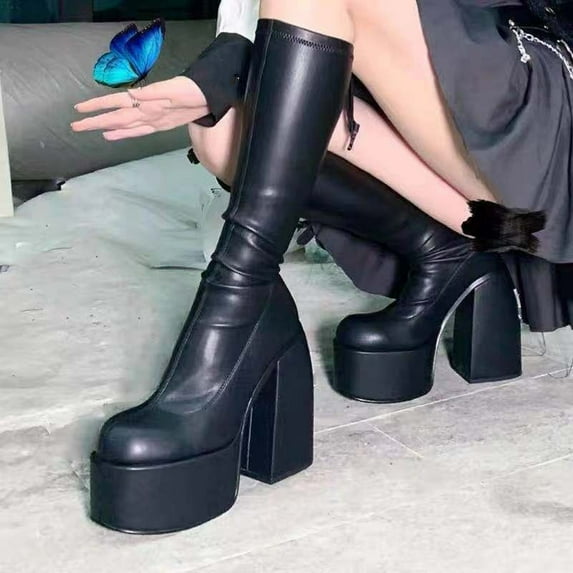 Tejiojio Fall Clearance Women's Winter Increased Long Black Thick Soled Boots High Heel Boots Motorcycle Boots