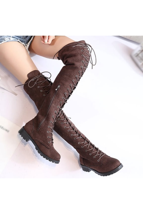 Fall Clearance Women's Winter Solid Color Warm Suede Side Zipper Lace Up Knee Flat Rider Boots