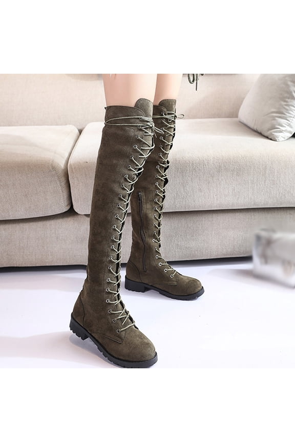 Fall Women's Winter Solid Color Warm Suede Side Zipper Lace Up Knee Flat Rider Boots