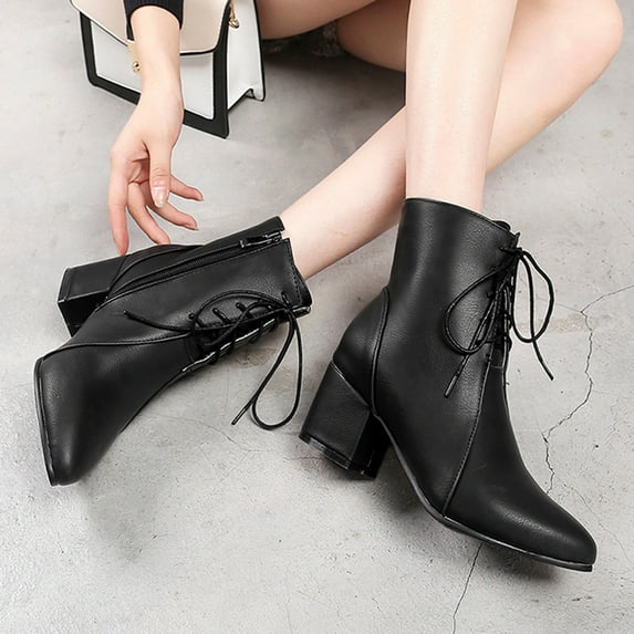 Tejiojio Fall Clearance Women's Winter Warm Chunky Heel Low Tube Point Iace Up Side Zipper Ankle Boots