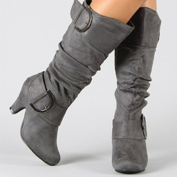 Tejiojio Fall Women's Winter Warm High Heel Straight Leather Belt Buckle Suede Thick Heel Knight Boots