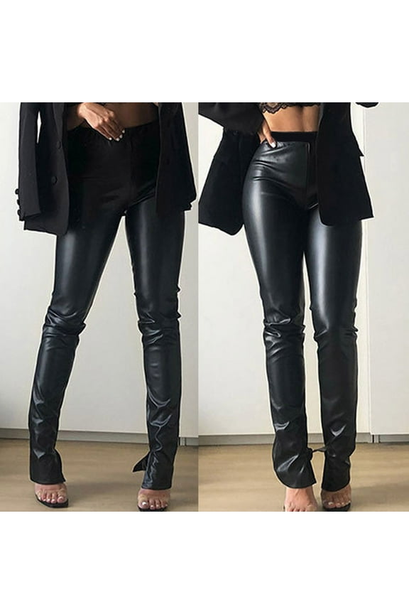 Fall Womens Solid Elastic Waist Casual Trousers Funny Leather Tight Leggings Pants