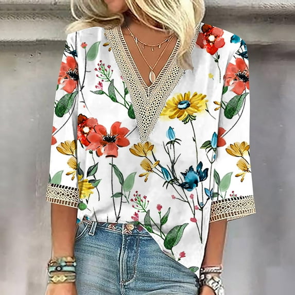 Tejiojio Fashion Women's Summer V-Neck 3/4 Sleeve Lace Print Casual Chiffon T-shirt Blouse