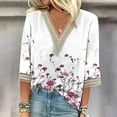 thumbnail image 1 of Tejiojio Fashion Women's Summer V-Neck Chiffon 3/4 Sleeve Lace Print Casual T-shirt Blouse, 1 of 5