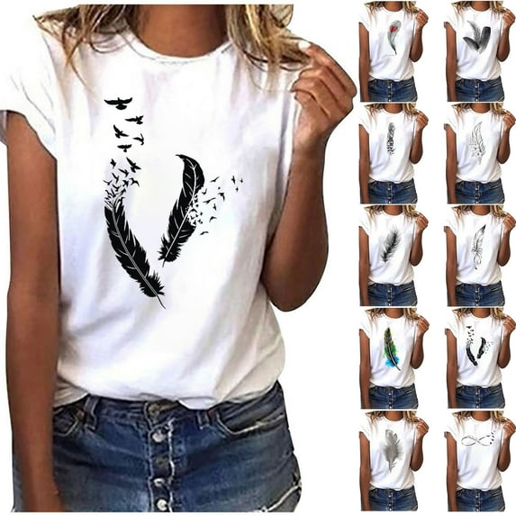 Tejiojio Graduation Season Gifts Womens Clothes Clearance Funny Women O-Neck Short Sleeve T-Shirt Feather Print Casual Top Tee Blouse