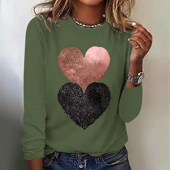 Tejiojio Heart Shaped Tops for Women Women's Valentine's Day Fashion Print Loose Comfortable Crew-neck Long Sleeve Tops