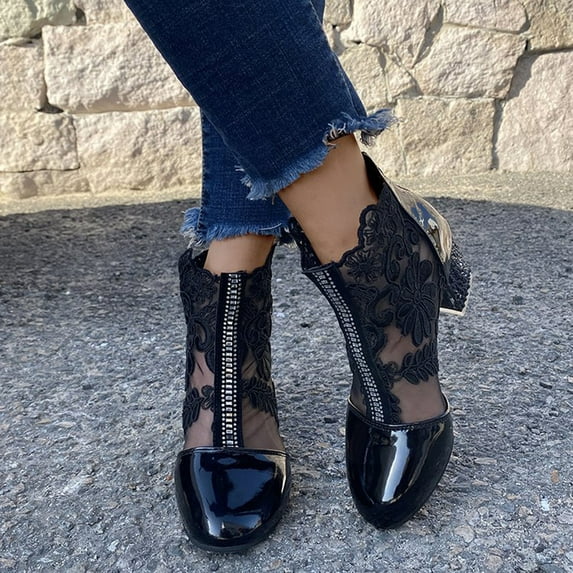 Tejiojio Fall Clearance Women's Ladies Breathable Boots Fashion Hollow Out Lace Chunky High Heel Shoes
