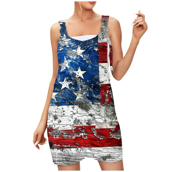 Tejiojio Independence Day Women's Summer Comfortable Casual Suspender Printing Shorts Pocket Jumpsuit Shorts