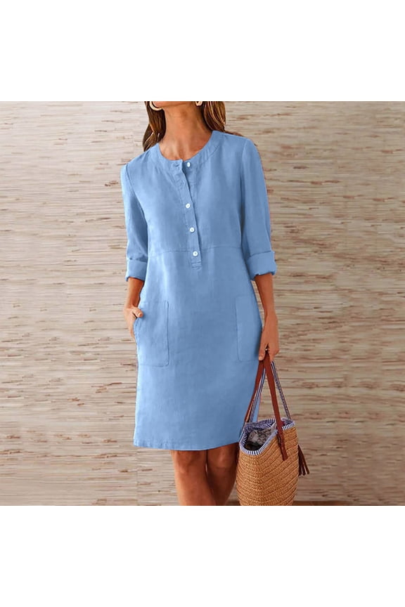 Ladies Spring And Summer Casual Work Dress Women Fashion O-Neck Pockets Button Dress Solid Long Sleeve Pocket Dress