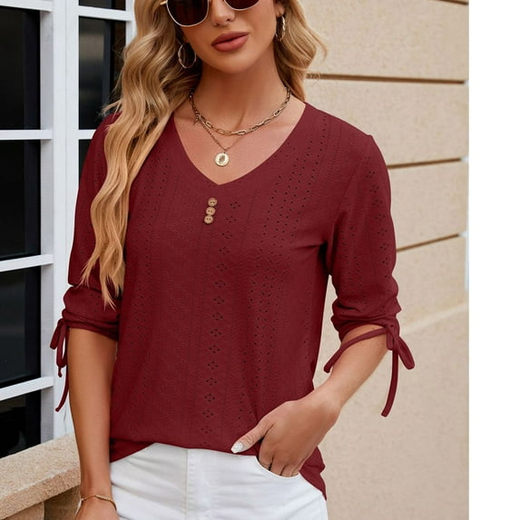 Tejiojio Latest Trends Women's Summer Solid Lace V-neck Bubble Short Sleeve Solid T-shirt Top