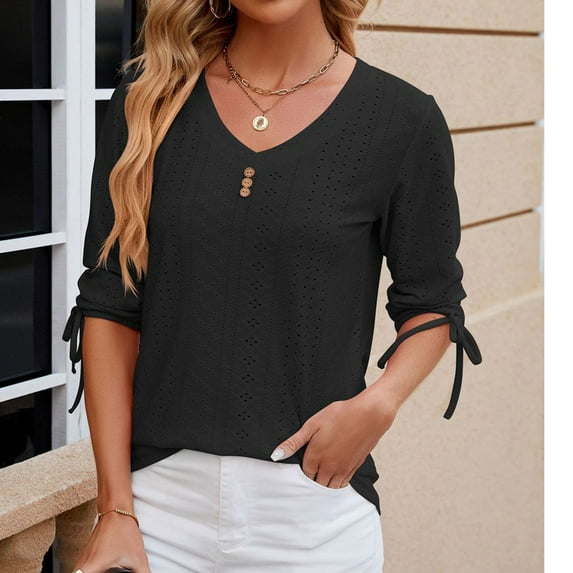 Tejiojio Latest Trends Women's Summer Solid Lace V-neck Bubble Short Sleeve Solid T-shirt Top