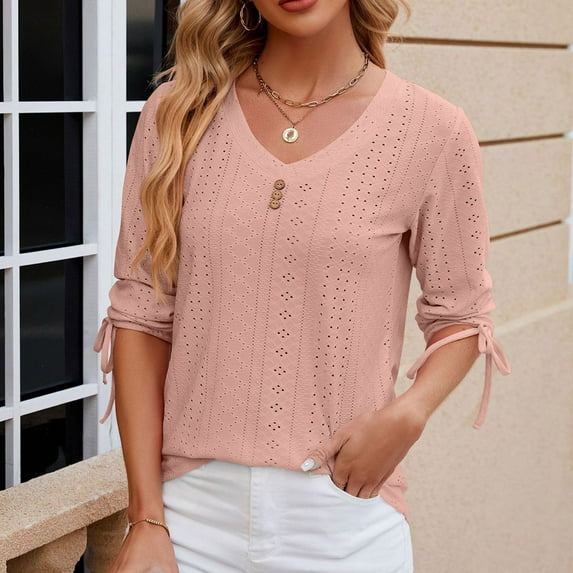 Tejiojio Latest Trends Women's Summer Solid Lace V-neck Bubble Short Sleeve Solid T-shirt Top