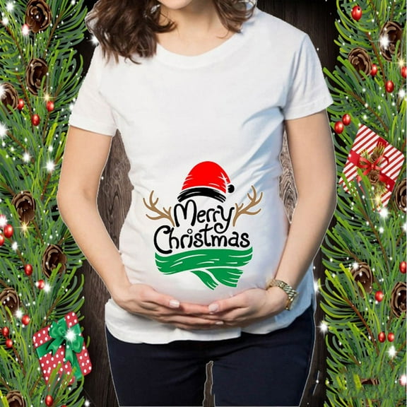 Tejiojio Maternity/Labor/Nursing Clothing Christmas T-shirt Elk Snowman Cartoon Print Maternity Clothing Short Sleeve Top Pregnancy T-shirt