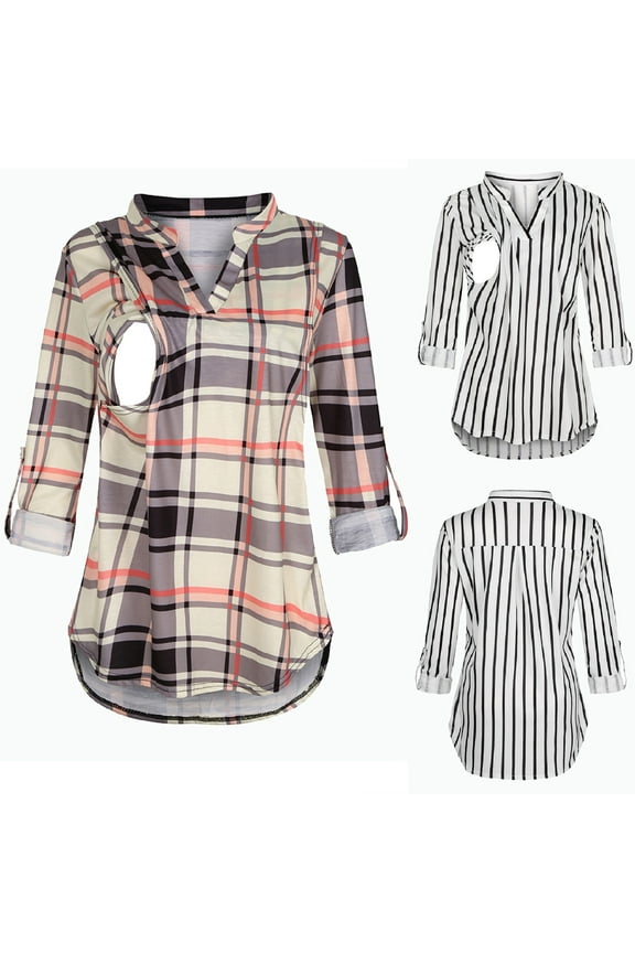 Maternity/Labor/Nursing Clothing Maternity V-Neck Plaid Long Sleeve Breast-Feeding Pregnant Woman Nursing Buttons Blouse Tops