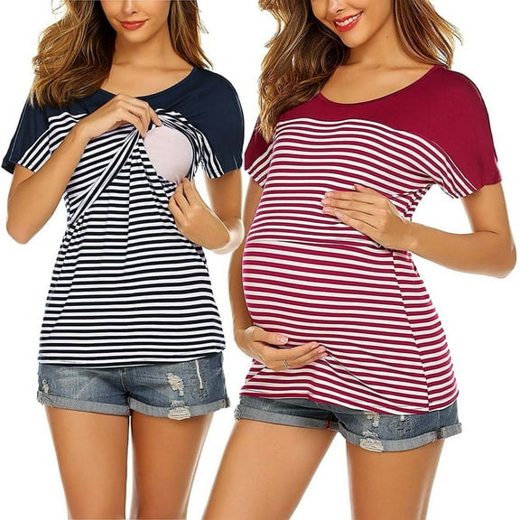 Tejiojio Maternity/Labor/Nursing Clothing Pregnant Womans Womens Stripe Round Neck Short Sleeve Round Neck Breastfeeding Blouse