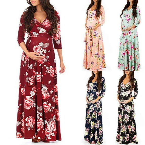 Tejiojio Maternity/Labor/Nursing Clothing Clearance Woman Print Wrap Maternity Dress Adjustable Belt Multi-function Pregnant Dress