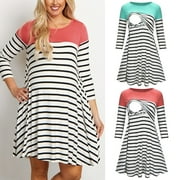Tejiojio Maternity/Labor/Nursing Clothing Clearance Women Maternity Fashion 3/4 Sleeve Striped Print Nursing Dress For Breastfeeding