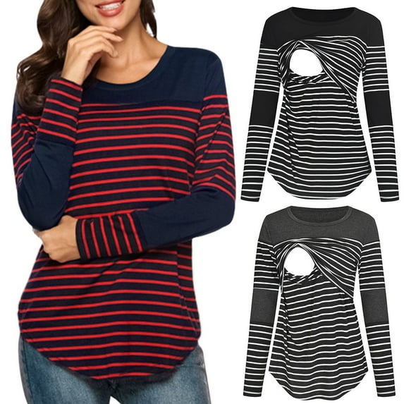 Tejiojio Maternity/Labor/Nursing Clothing Women Maternity Long Sleeve Striped Nursing Tops T-shirt For Breastfeeding