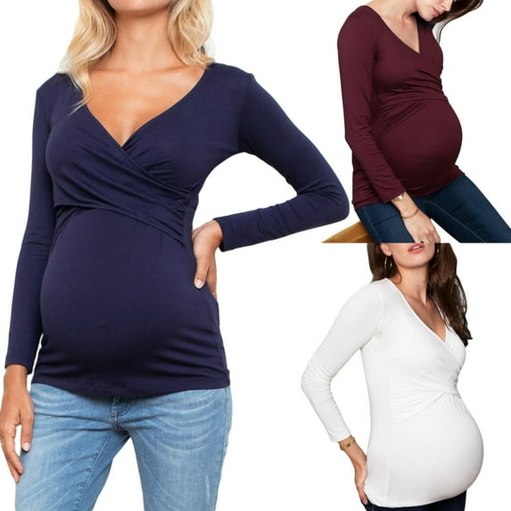 Tejiojio Maternity/Labor/Nursing Clothing Clearance Women Pregnant Nusring Maternity V-Neck Long Sleeve Tops Solid Ruffle Blouse Top