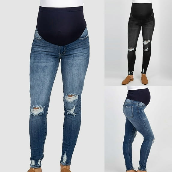 Tejiojio Maternity/Labor/Nursing Clothing Clearance Women Solid Color Hole High Jeans Flares Ankle Fashion Pants Trouser