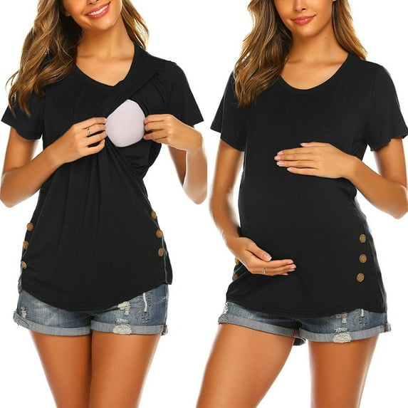 Tejiojio Maternity/Labor/Nursing Clothing Women's Maternity Short Sleeve Side Button Tunic Nursing Tops For Breastfeeding