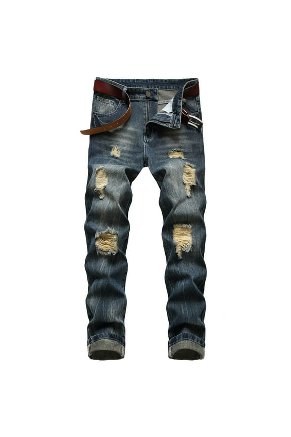 Men's and Big Men's Flat Front Comfort Waist Flex Pants Men's Casual Autumn Denim Cotton Straight Ripped Hole Trousers Jeans Pants Full Length Pants