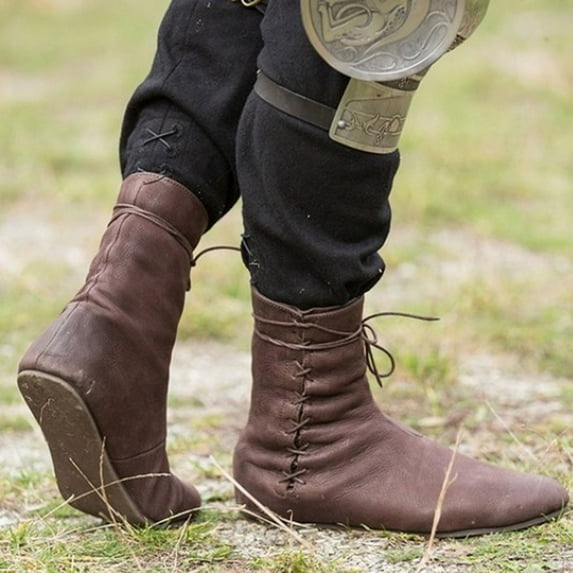 Tejiojio Men's Winter Boots Flat Feet Heel Leather Strap Warm Lace Up Vintage Mid Boot Rider