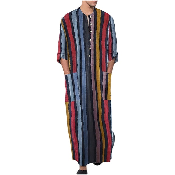 Tejiojio Men's and Big Men's Classic Tops Clearance Men's Robe Long Sleeves Double Pocket Stripe Print Long Shirt