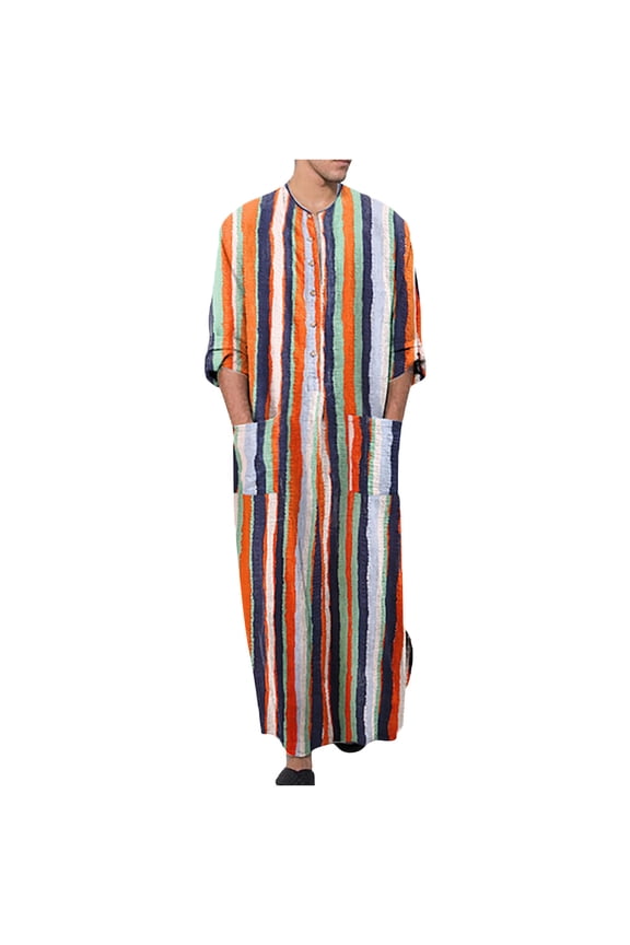 Men's and Big Men's Classic Tops Clearance Men's Robe Long Sleeves Double Pocket Stripe Print Long Shirt