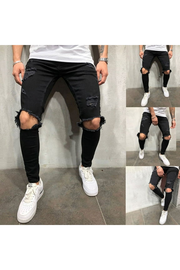 Men's and Big Men's Flat Front Comfort Waist Flex Pants Men Pure Color Hole Denim Vintage Wash Hip Hop Work Trousers Jeans Pants