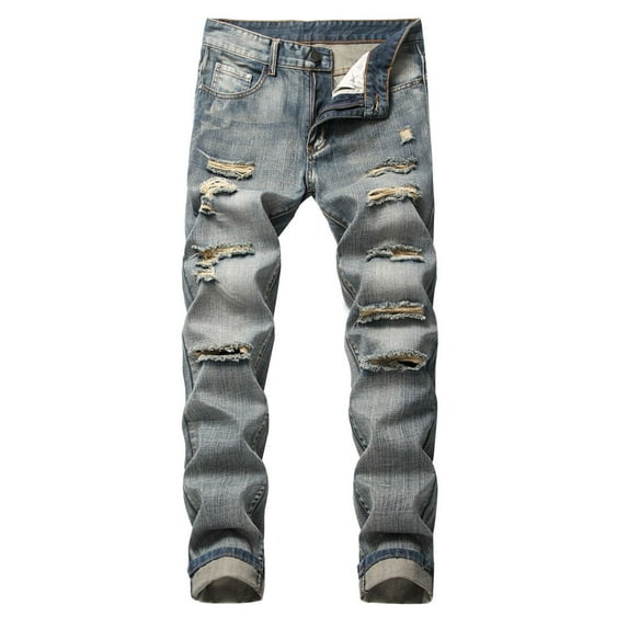 Tejiojio Men's and Big Men's Flat Front Comfort Waist Flex Pants Men's Fashion Slim Fit Personality straightl Casual Ripped Jeans Denim Pants