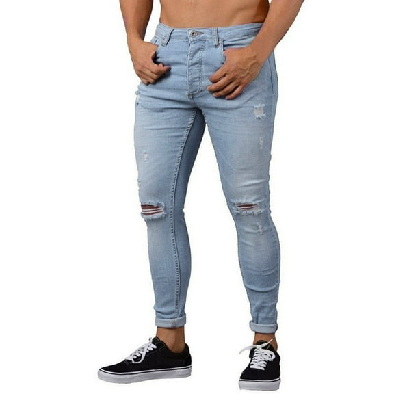 Tejiojio Men's and Big Men's Flat Front Comfort Waist Flex Pants Mens Skinny Stretch Denim Pants Distressed Ripped Freyed Slim Fit Jeans Trousers