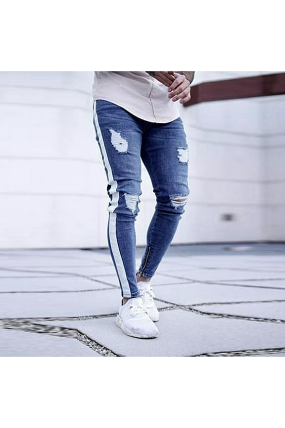 Men's and Big Men's Flat Front Comfort Waist Flex Pants Mens Stretch Denim Pants Distressed Ripped Freyed Slim Fit Zipper Jeans Trousers