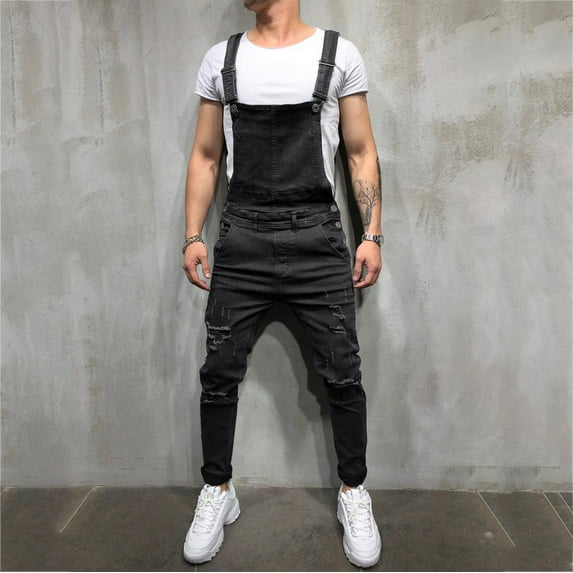 Tejiojio Men's and Big Men's Flat Front Comfort Waist Flex Pants Mens Washed Denim Bib Jeans Overalls Casual Ripped Denim Jumpsuits Rompers