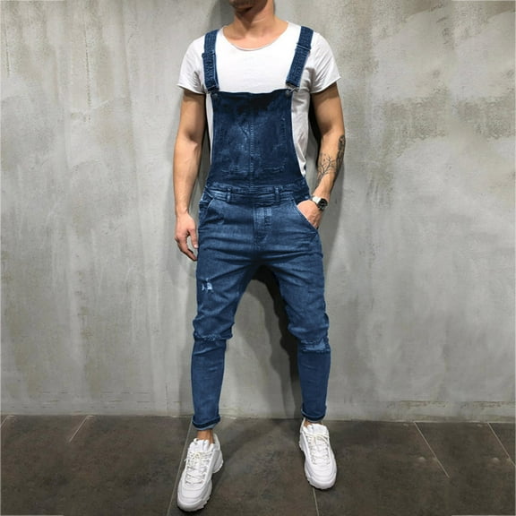 Tejiojio Men's and Big Men's Flat Front Comfort Waist Flex Pants Mens Washed Denim Bib Jeans Overalls Casual Ripped Denim Jumpsuits Rompers