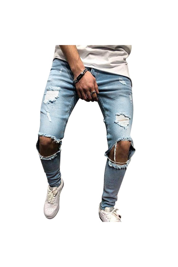 Men's and Big Men's Relaxed Fit Men Casual Fashion Solid Button Zipper Custom Fit Irregular Ripped Jeans