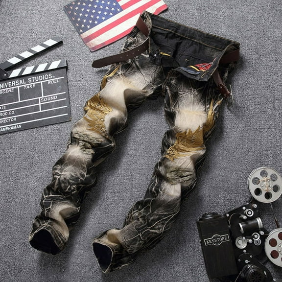 Tejiojio Men's and Big Men's Relaxed Fit Men's High-end Stretch Nostalgic Street Personality Embroidery Ripped Denim Trousers Retro