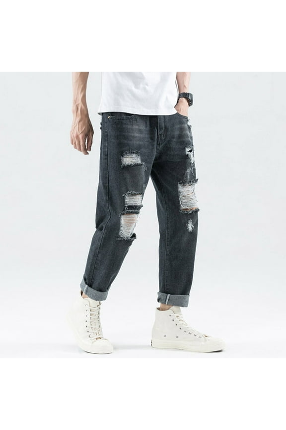Men's and Big Men's Relaxed Fit Men's Loose Denim Cotton Straight Hole Trouser Distressed Jeans Long Pants