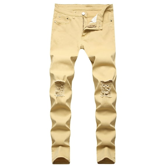 Tejiojio Men's and Big Men's Relaxed Fit Men's New Tight-fitting Ripped Straight Hip-hop Stretch Motorcycle Denim Trouser