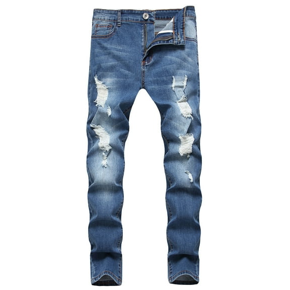 Tejiojio Men's and Big Men's Relaxed Fit Men's New Tight-fitting Ripped Straight Hip-hop Stretch Motorcycle Denim Trouser