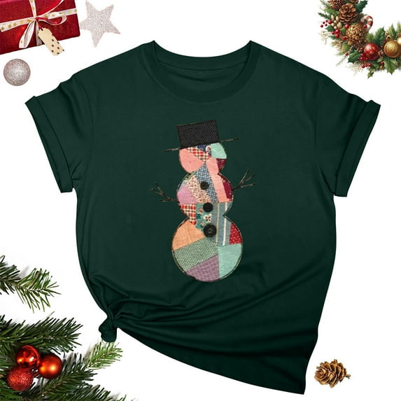 Tejiojio Merry Christmas Shirt for Women Letter Pattern Cute T-Shirt Leopard Plaid Tree Casual Graphic Print Funny Crewneck Tees Tops Green