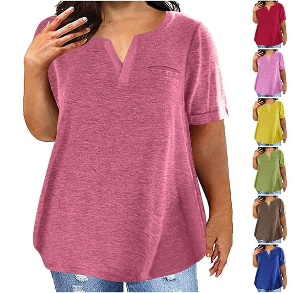 Tejiojio Petite Plus Tops for Women Sexy V-Neck Blouse Solid Casual Loose Summer and Fall Short Sleeve Blouse