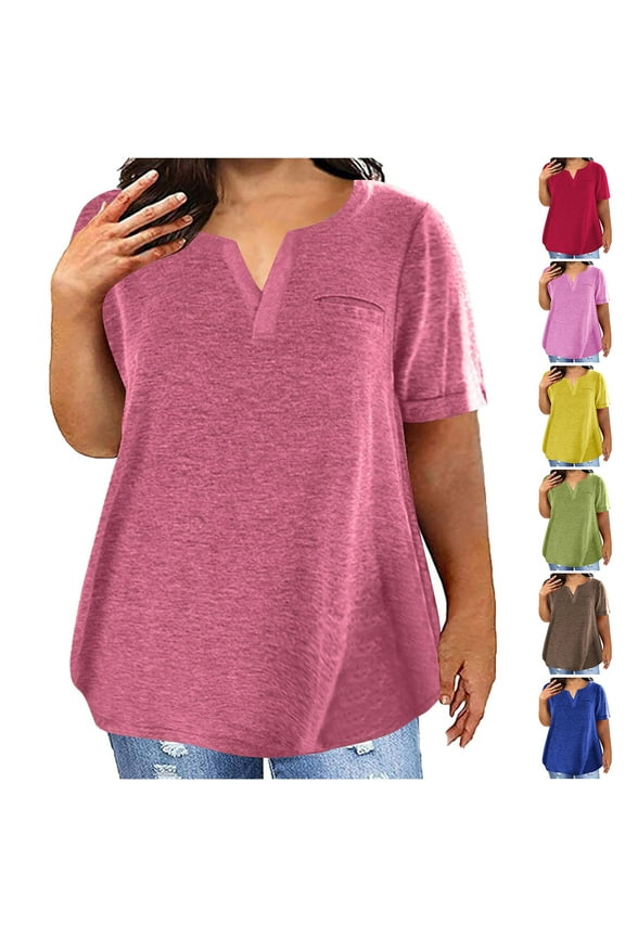 Petite Plus Tops for Women Sexy V-Neck Blouse Solid Casual Loose Summer and Fall Short Sleeve Blouse
