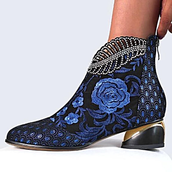 Tejiojio Retro Boots For Women,Vintage Women Embroidered Rhinestone Thick Heel Shoes Plus Size