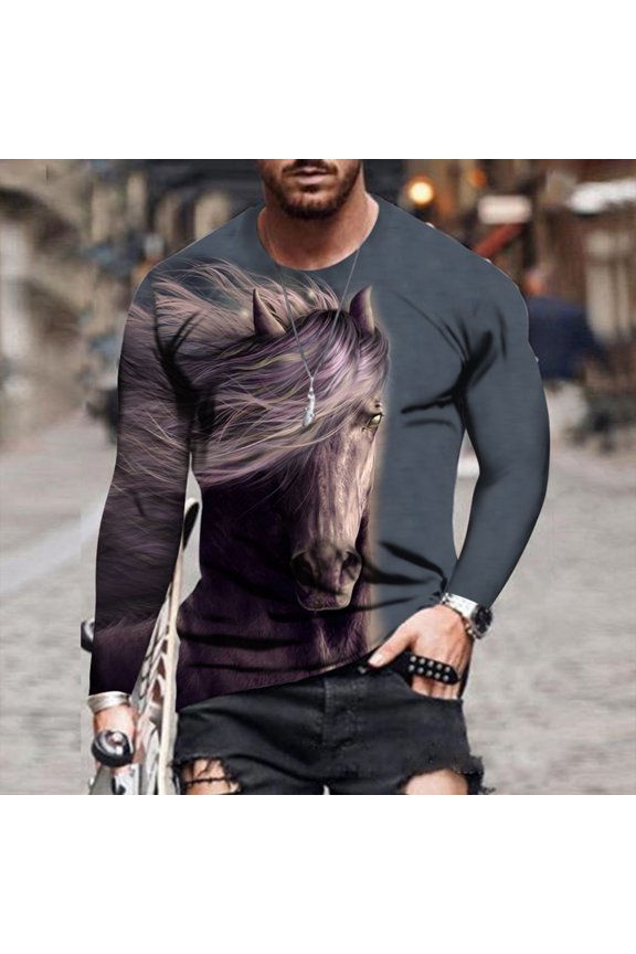 Spring Mens Essential Tops on Super Soft Cotton Performance Horse Retro 3D Printing Round Neck Long-sleeved Men's Spring And Autumn T-shirt