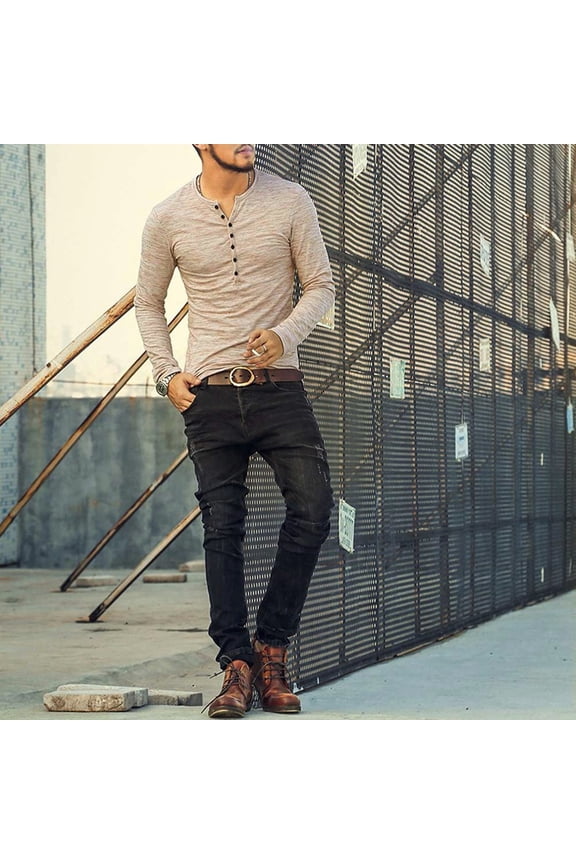 Spring Mens Essential Tops on Super Soft Cotton Performance Men Autumn Casual Long Sleeve Henry Collar Button Slim T-Shirt Top Blouse