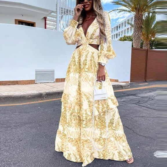 Tejiojio Summer Women Fashion Casual Long Sleeve V-Neck Printing Hollow Out Long Dress