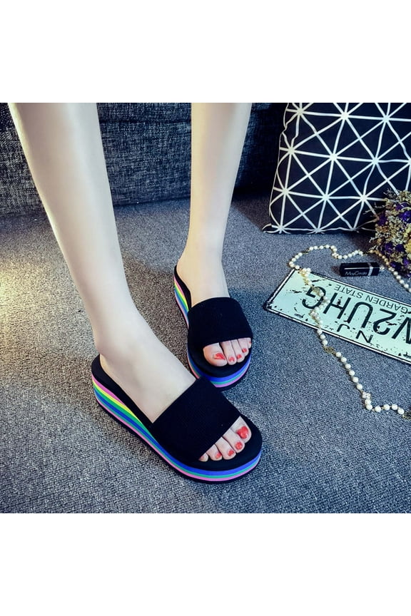 Summer Clearance Women's Sun Slippers Platform High-heel Rainbow Platform Wedges Shoes